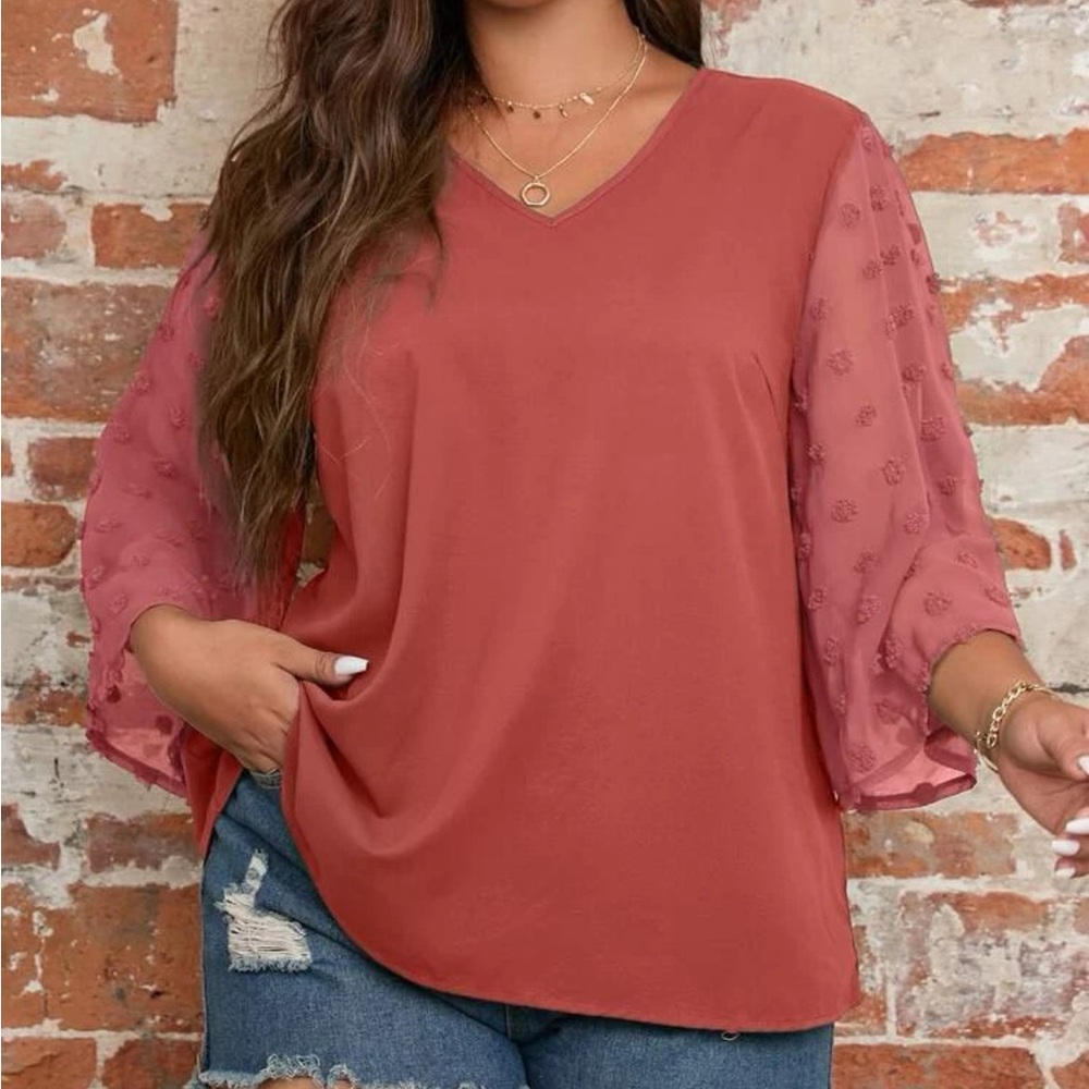 Plus size dusty pink Swiss dot sleeve V neck blouse - Picture 4 of 16